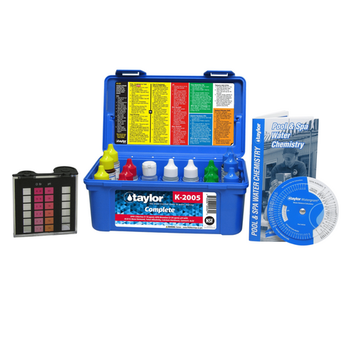 Complete pool water test kit for chlorine pH alkalinity testing with bottles and instructions